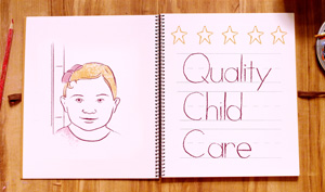 Image of an open book with a child on one page and the works quality child care on the other page